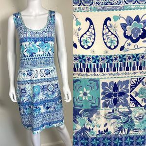 NWT NEW Desigual Luana Blue Dress Mini L Large $95 Stretch Floral Geometric